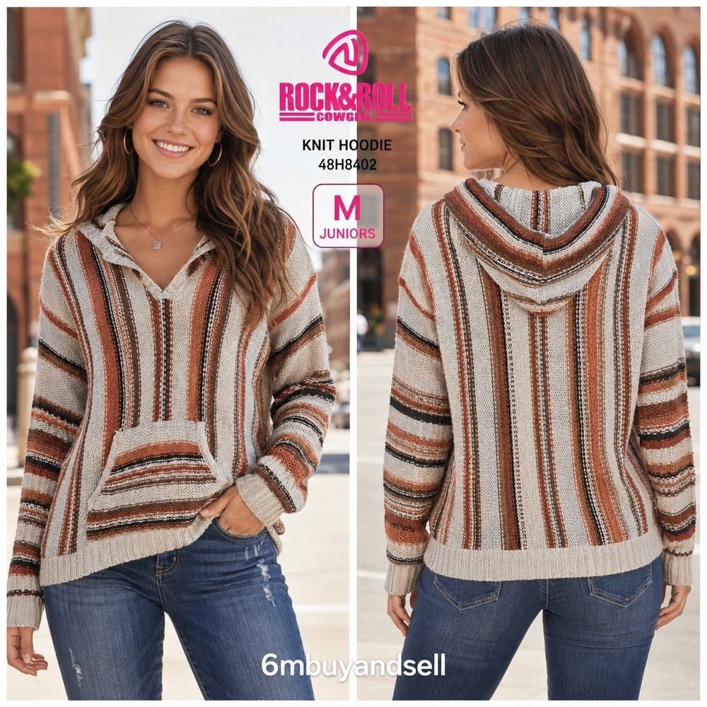 Rock and Roll Cowgirl Juniors Tan Striped Knit Hoodie Sweater 48H8402 M